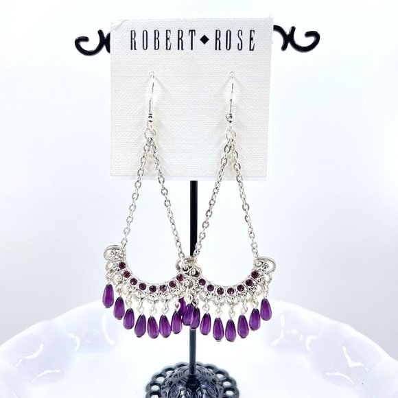 NWT - Robert Rose - Purple Beaded Chandelier Shiny Silver Tone Fishhook Earrings - Picture 1 of 7